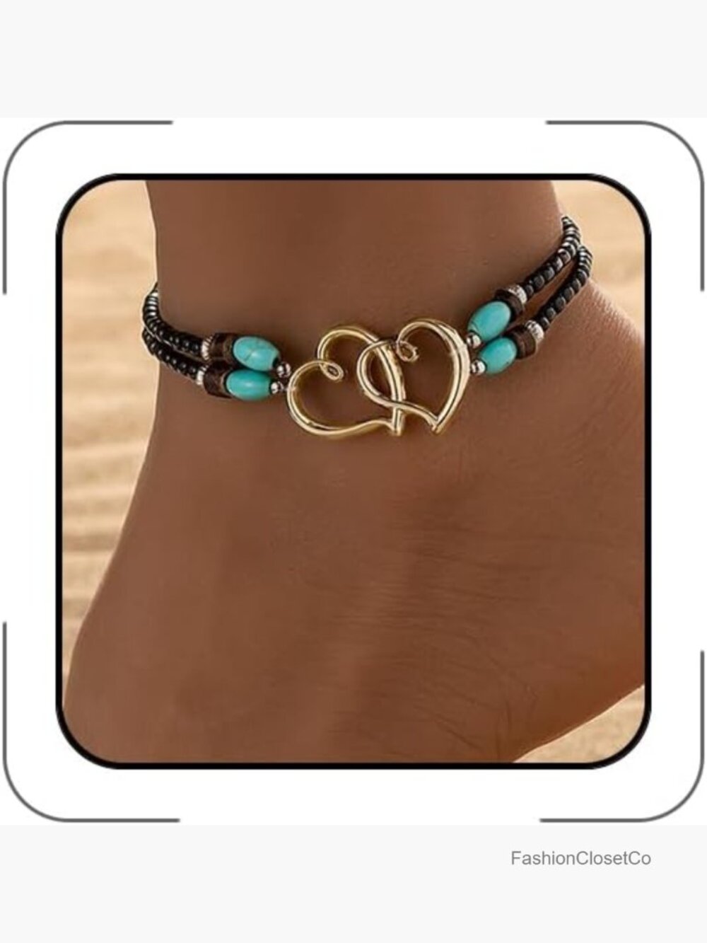 Elastic Beaded Double Heart Layered Stretch Ankle Bracelets Dainty Boho Summer
